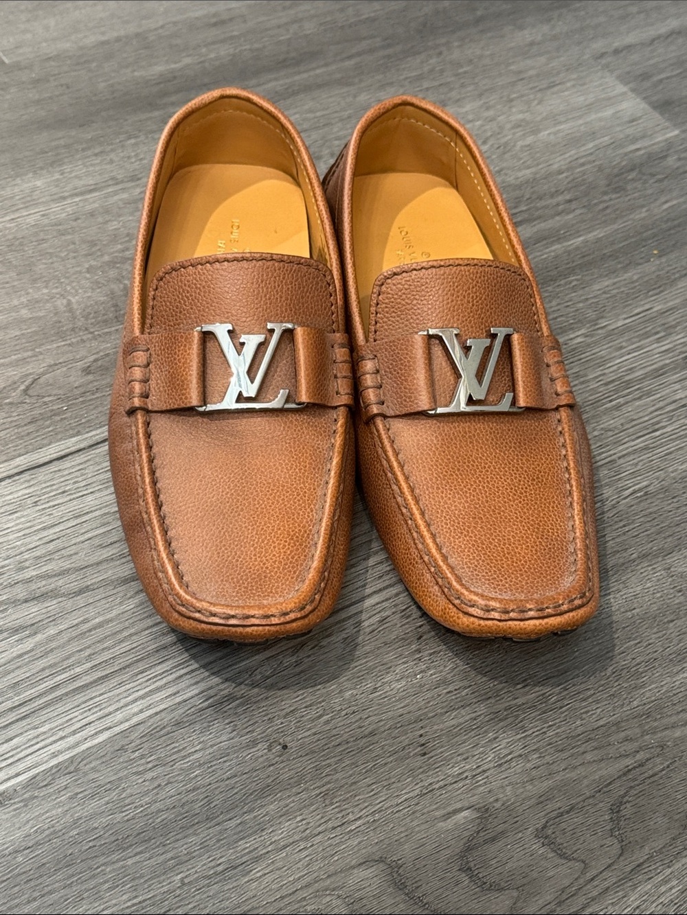 Louis Vuitton Tan Brown Leather LV Logo Loafers